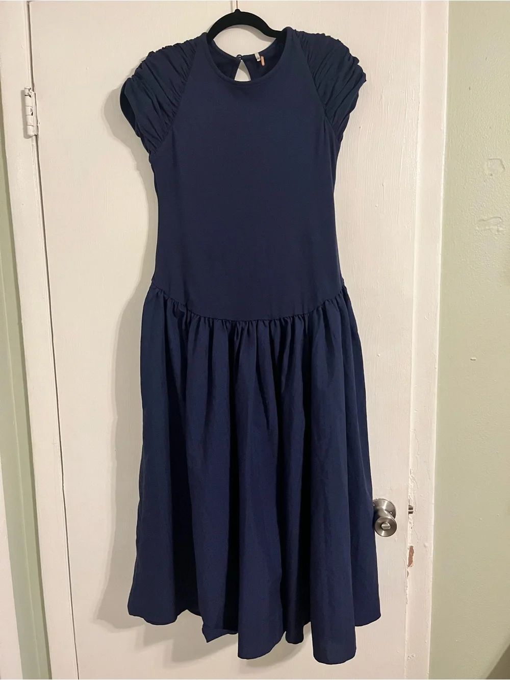 Free People Navy Short-Sleeve Gathered Midi Dress